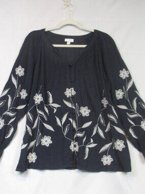 J. Jill Top Womens Size M Blue White Embroidered Floral Gauze Flowy Beachy